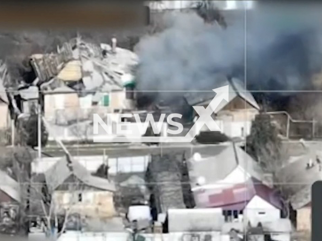 Russian warehouse with military ammunition explodes in a residential area of Bakhmut, Donetsk region, Ukraine in undated footage. The footage was released by the State Border Service of Ukraine on Tuesday, Mar. 14, 2023. Note: Picture is a screenshot from a video (@BorderGuardService/Newsflash)