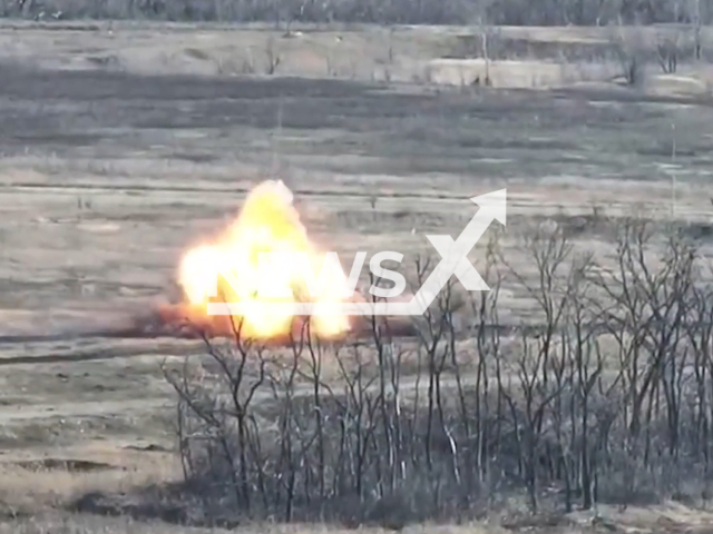 Russian tank explodes after Ukrainian artillery accurate hit in Ukraine in undated footage. The footage was released by the 59th brigade of the Ukrainian Ground Forces on Tuesday, Mar. 14, 2023.  Note: Picture is screenshot from a video.(@59ompbr/Newsflash)