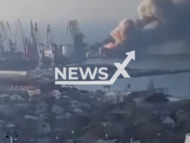 The Ukrainian Armed Forces destroyed a Russian landing ship "Orsk" in the port of Berdyansk in the Black Sea. Note: Picture is a screenshot from a video (@navy.mil.gov.ua/Newsflash)