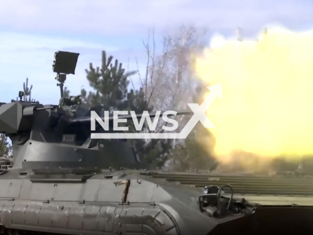 Russian combat reconnaissance vehicle BRM-1KM shoots during training in the rear district in Ukraine in undated footage. The footage was released by the Russian Ministry of Defense on Wednesday, Mar. 15, 2023. Note: Picture is a screenshot from a video (@function.mil.ru/Newsflash)