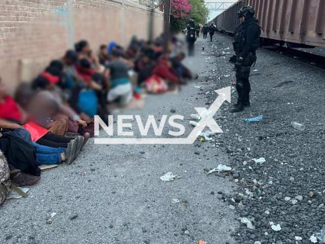 Photo shows the illegal migrants in the courtyard of the facilities of the company Ferrocarril Mexicano SA de CV (Ferromex) in Torreon, Coahuila, Mexico, Monday, March 13, 2023. They are 30 adult men and 15 women, as well as 16 minors. Note: Photo is from the National Institute of Migration of Mexico (@INAMI_mx/Newsflash)