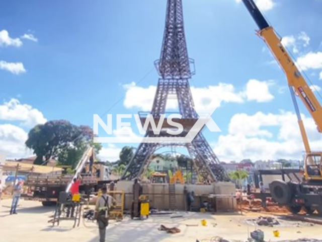 Picture shows the Eiffel Tower replica in Lagoa Santa, in Minas Gerais, Brazil, in undated footage. Unlike what happens in Paris, visitors will not be able to climb the Eiffel Tower in Lagoa Santa. Note: Picture is a screenshot from a video. (@gurgelbeachclub/Newsflash)