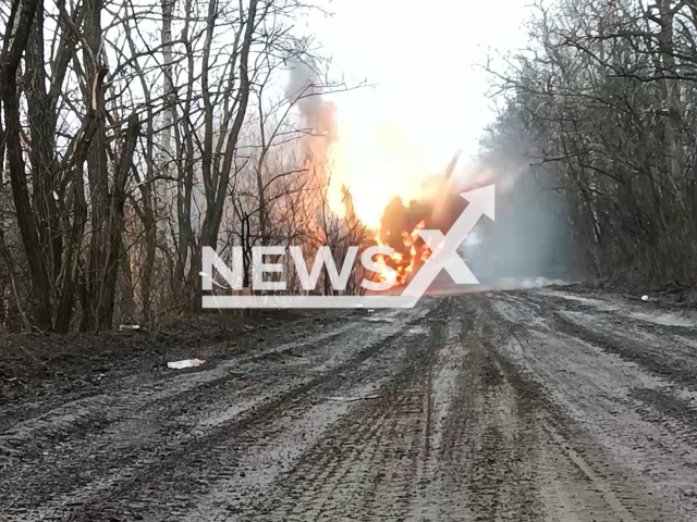 Mine explodes in Ukraine in undated footage. The footage was released by the Russian Ministry of Defense on Wednesday, Mar. 15, 2023. Note: Picture is screenshot from a video.(@function.mil.ru/Newsflash)