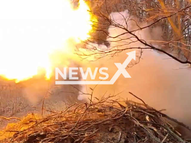 Ukrainian artillery shoots at Russian positions in Ukraine in undated footage. The footage was released by the 14th Brigade of the Ukrainian Ground Forces on Wednesday, Mar. 15, 2023.Note: Picture is screenshot from a video.(@14ombr/Newsflash)