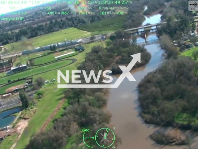 The picture shows the immediate closure of the Kings River from Pine Flat Dam to the Tulare and Kings County lines in Fresno, California, USA on March 13, 2023. Sheriff John Zanoni made the order in the best interest of public safety, and the closure includes all recreational activities such as boating, canoeing, kayaking, swimming, and floating.Note: Picture is screenshot from a video.(FresnoSheriffsOffice/Newsflash)