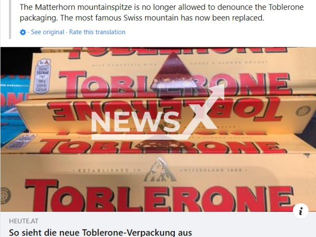 Image shows the new Toblerone package without the Matterhorn mountain, undated photo. The famous mountain was removed after the producer, Mondelez expanded in Slovakia. Note: Photo is a screenshot from a post. (Newsflash)