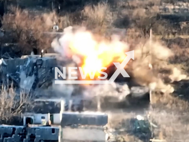 Ukrainian artillery blow up Russian mortar in a residential area in Ukraine in undated footage. The footage was released by the Ukrainian military unit A1108 on Thursday, Mar. 16, 2023. Note: Picture is screenshot from a video. (@a1108br/Newsflash)