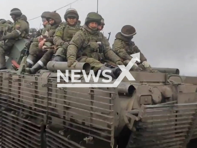 Picture shows Russian infantry group on a military vehicle in Vuhledar, Donetsk Oblast, Ukraine in undated footage. The footage was released by the Russian Ministry of Defense on Friday, Mar. 17, 2023.Note: Picture is screenshot from a video. (@function.mil.ru/Newsflash)