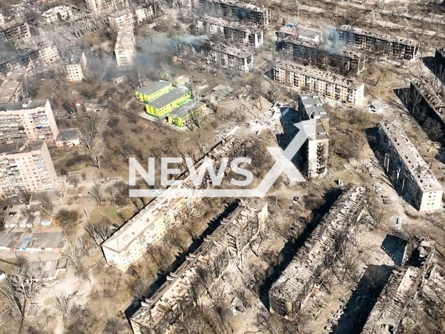 City of Mariupol seen from above after the Russian bombarding in Ukraine. Note: This picture is a screenshot from the video (@Polk_Azov/Newsflash).