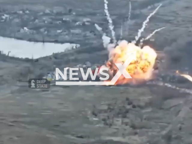 Ukrainian marines destroy a Russian column of military vehicles in Ukraine in undated footage. The footage was released by the 35th separate marine infantry brigade on Sunday, Mar. 19, 2023. Note: Picture is a screenshot from a video (@35obrmp/Newsflash)