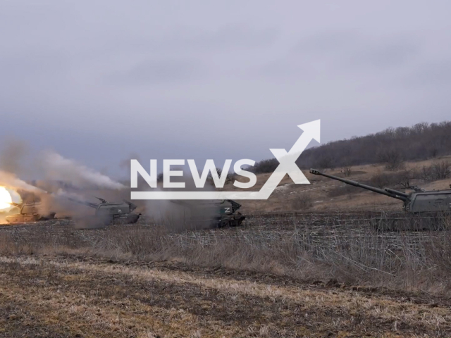 Russian Msta-S howitzers fire at Ukrainian military positions in Ukraine in undated footage. The footage was released by the Russian MoD on Tuesday, Mar. 21, 2023. Note: Picture is a screenshot from a video (Ministry of Defense of Russia/Newsflash)