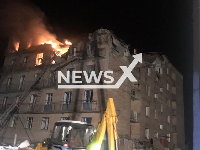 Picture shows destroyed residential building from the Russian "Shakheds" attacks on the city of Rzhiziv in the Kyiv region in Ukraine on Wednesday, Mar. 22, 2023.
According the State Emergency Service of Ukraine from the attacks as of 7:00am, 3 people died, 2 people were injured and 1 person was rescued.
Note: State Emergency Service of Ukraine photo. (@MNS.GOV.UA/Newsflash)