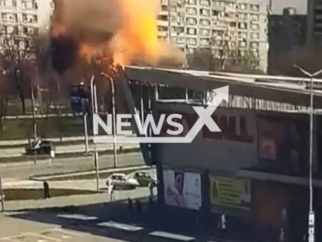 A Russian missile hits a multi-storey building in Zaporizhzhia in Ukraine on Wednesday, Mar. 22, 2023. The footage was shared by the Ukrainian president Volodymyr Zelenskyi on his social media pages.Note: Picture is screenshot from a video. (@zelenskiy.official/Newsflash)