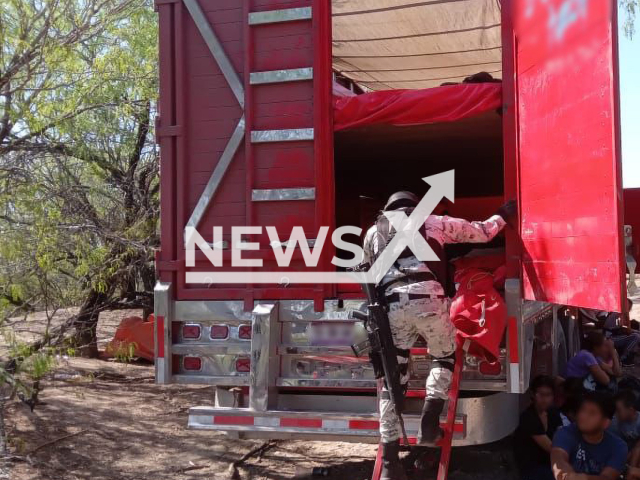 Photo shows a truck and several illegal migrants, undated. A group of migrants was located on a highway in Mexico, close to the United States. Note: Photo is from The National Guard of Mexico (@GN_MEXICO_/Newsflash)