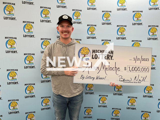 Adam Meloche, aged 33, from the village of Spring Lake, Ottawa County, Michigan State, USA, poses in undated photo. He won USD 1 million (GBP 812,230) on the lottery in March 2023. Note: Licensed content. (Michigan Lottery/Newsflash)