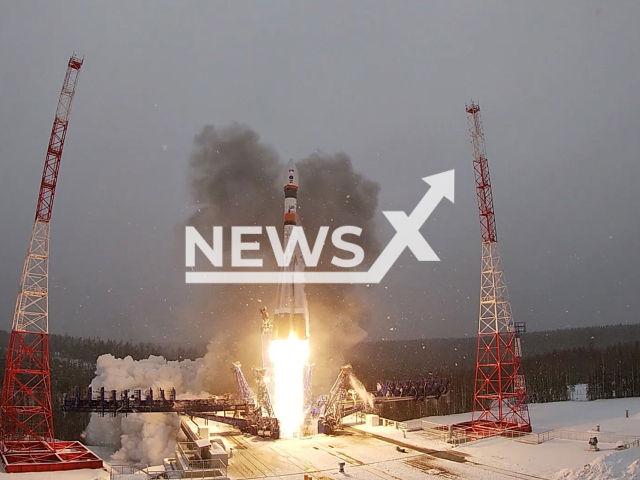 Russian Aerospace Forces launch the Soyuz-2.1a carrier rocket with a military satellite from the Plesetsk cosmodrome in the Arkhangelsk Region in Russia on Thursday, Mar. 23, 2023. The Soyuz-2.1a carrier rocket was designed and manufactured by the Progress Rocket and Space Center (Samara). Note: Picture is screenshot from a video. (Ministry of Defense of Russia/Newsflash)