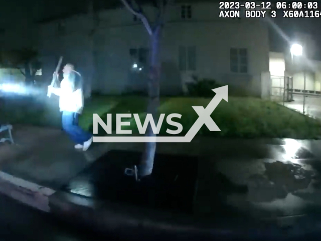 Police officers shoot Adam Barcenas, 60, in Oxnard, California, on Sunday, Mar. 12, 2023. Barcenas died a few hours after being taken to the Ventura County Medical Center. Note: Picture is screenshot from a video. (@OxnardPolice/Newsflash)