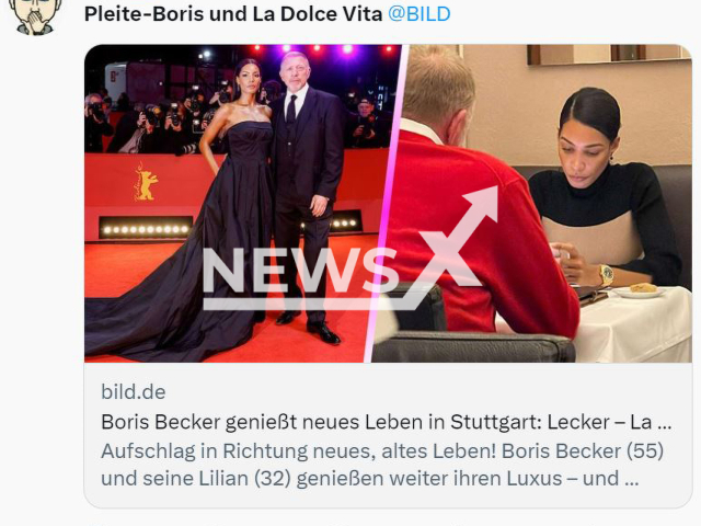 Boris Becker, 55,  and his girlfriend Lilian have dinner in Stuttgart, Germany on Friday, March 17, 2023. The restaurant Nannina has main courses from that cost from 39 to 59 euros.
 Note: Photo is a screenshot from a post. (Newsflash)