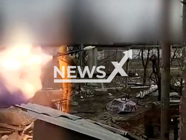 Ukrainian border guards shower the Russian mercenaries with grenade launchers during a street battle in Bakhmut in Ukraine in undated footage. The footage was released by the State Border Service of Ukraine on Thursday, Mar. 23, 2023. Note: Picture is screenshot from a video. (@BorderGuardService/Newsflash)