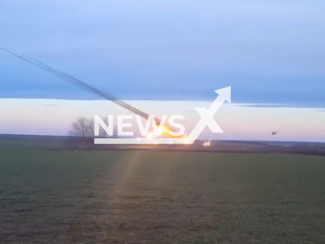 Ukrainian helicopter fire missiles at Russian military positions in Eastern Ukraine in undated footage. The footage was released by the Joint Forces Task Force on Sunday, Mar. 26, 2023.Note: Picture is screenshot from a video. (@easternforces/Newsflash)