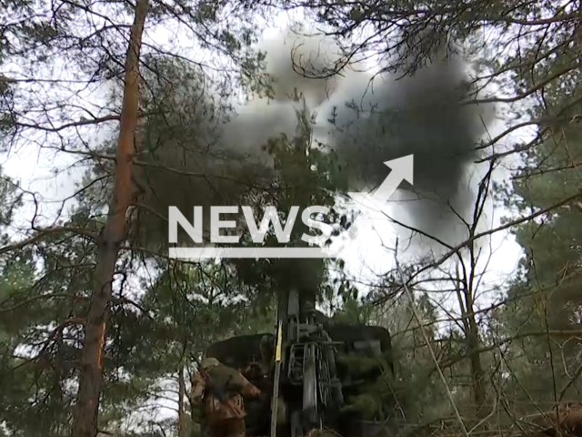 Russian 152-mm howitzers "Msta-B" fire at the Ukrainian military positions in Ukraine in undated footage. The footage was released by the Russian Ministry of Defence on Tuesday, Mar. 28, 2023 Note: Picture is screenshot from a video. (Ministry of Defense of Russia/Newsflash)