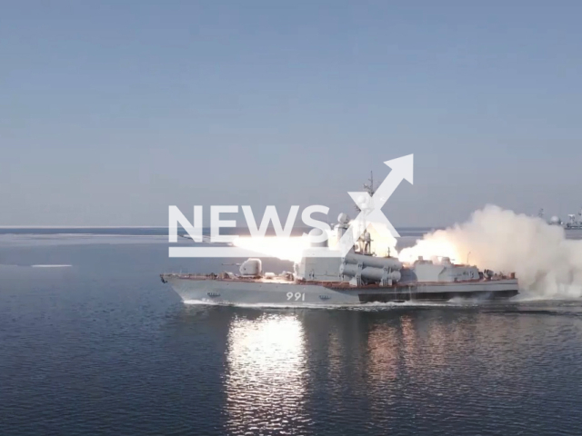 Russian missile warships fire fires supersonic anti-ship missile at a mock enemy’s sea target during exercises in the Sea of ​​Japan in undated footage. The footage was released by the Russian Ministry of Defence on Tuesday, Mar. 28, 2023. Note: Picture is a screenshot from a video (@DefenceIntelligenceofUkraine/Newsflash)