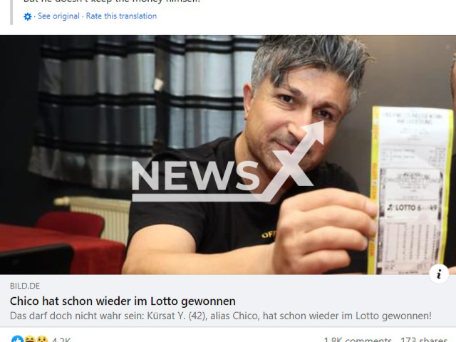 Kursat Yildrim from Dortmund, Germany, shows the lottery ticket in an undated photo. He won almost EUR2700. Note: Image is a screenshot from post. (Newsflash)