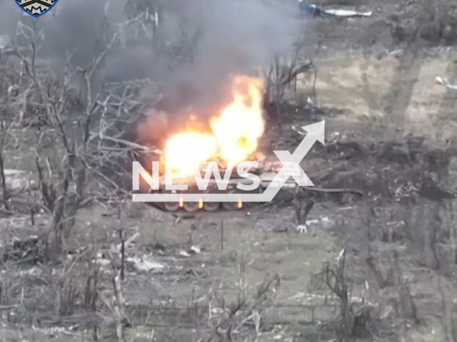 Ukrainian drones destroy Russian armoured tank with bombs in Ukraine in undated footage. The footage was released by the 59 separate motorized infantry brigade on Tuesday, Mar. 28, 2023. Note: Picture is a screenshot from a video (59 separate motorized infantry brigade/Newsflash)