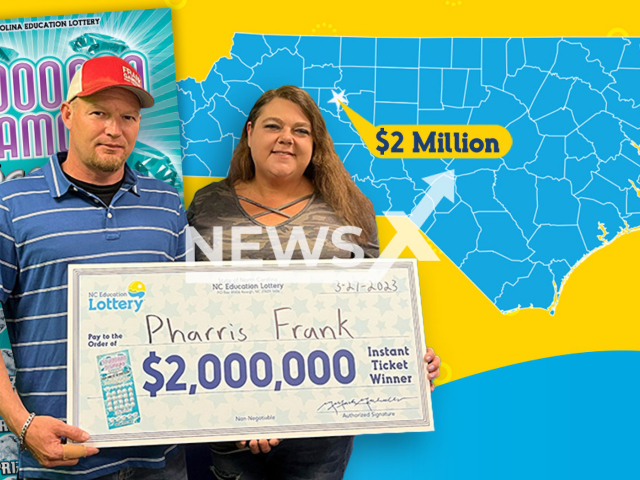 Pharris Frank, aged 41, and his wife from the area of Advance, in Davie County, North Carolina State, USA, pose in undated photo. They scooped USD 2 million (GBP 1.6 million) on the lottery in March 2023. Note: Licensed content. (North Carolina Education Lottery/Newsflash)