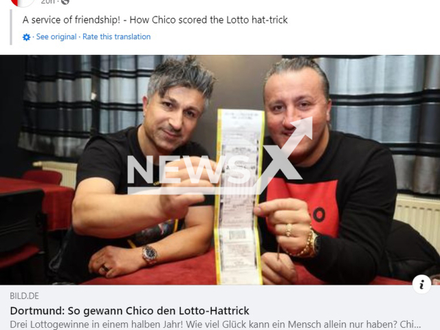 Kursat Yildirim, named Chico, 42, from the city of Dortmund, in North Rhine-Westphalia, Germany, and his friend Apo S., 44, pose in undated photo. Apo S. gave Chico the new winning ticket as a thank you gift. Note: Photo is a screenshot from a post. (Newsflash)