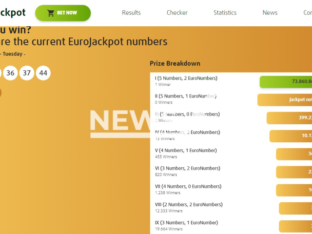 Image shows the EuroJackpot results, undated photo. A lucky player from Upper Bavaria, Germany, won nearly EUR 73.9 million (GBP 65 million) on Tuesday, evening, Mar. 28, 2023. Note: Photo is a screenshot from a site. (EuroJackpot/Newsflash)