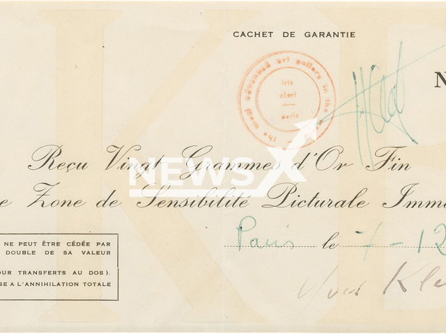 A receipt for an invisible artwork by Yves Klein is on auction at  Sotheby’s, in March, 2022.
Note: Photo provided by Sotheby’s. (Sotheby’s-ArtDigital Studio/Newsflash)