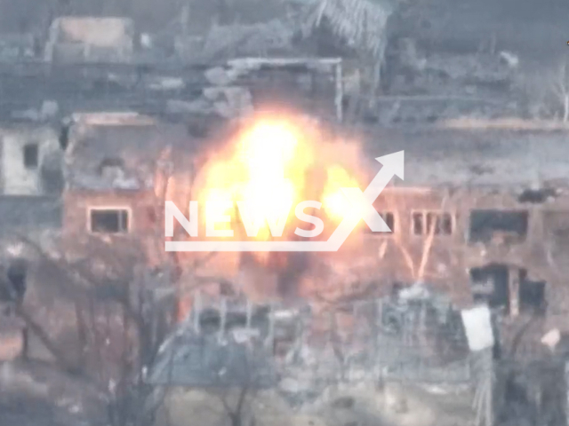 Russian Artillery hits the identified Ukrainian strongholds in Marinka in Ukraine in undated footage. The footage was released by the People's Militia of the DPR on Wednesday, Mar. 29, 2023.  Note: Picture is screenshot from a video. (@nm_dnr/Newsflash)