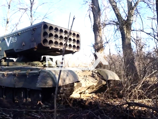 Picture shows Russian TOS-1 "Solntsepek" in Ukraine in undated footage. The footage was released by the Ministry of Defense of Russia on Friday, Mar. 31, 2023. Note: Picture is screenshot from a video. (Ministry of Defense of Russia/Newsflash)