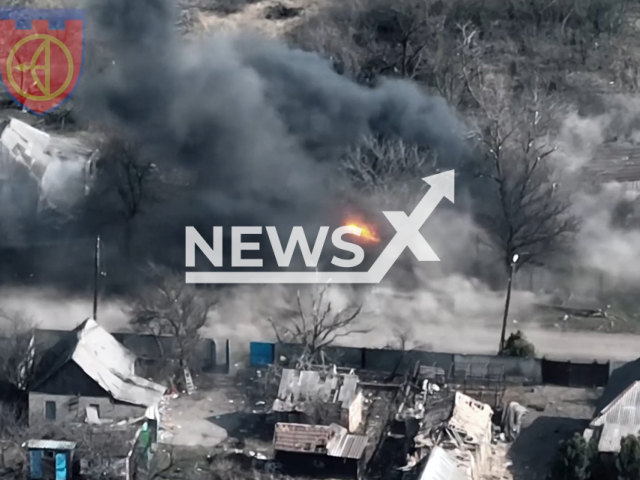 Ukrainian artillery destroys Russian camouflaged airborne self-propelled artillery and mortar installation "Nona - S" in Ukraine in undated footage. The footage was released by the 128th separate territorial battalion on Thursday, Mar. 30, 2023. Note: Picture is a screenshot from a video (@128obtro/Newsflash)