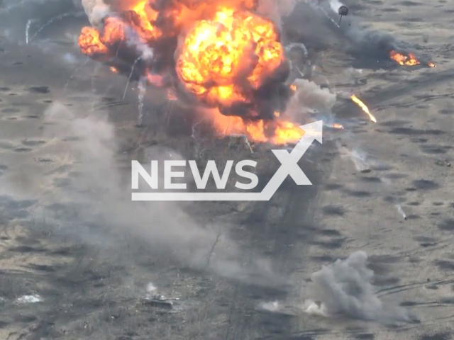 Ukrainian Marines destroy a column of Russian armored vehicles in Donetsk region in Ukraine in undated footage. The footage was released by the 36th separate marine brigade on Thursday, Mar. 30, 2023. Note: Picture is a screenshot from a video (@36obmp/Newsflash)