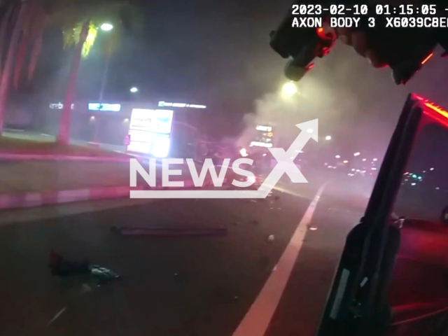 Picture shows an officer's point of view of the critical incident that occurred in Fullerton, California, on Friday, Feb. 10, 2023. The involved suspect was identified as Austin Heiselman. Note: Picture is a screenshot from a video (FPD PIO Fullerton/Newsflash)