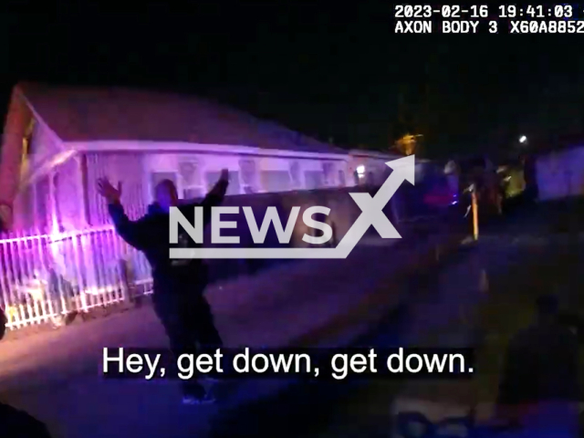 Police officers arrests the suspect in Los Angeles, California, USA on Feb. 16, 2023. The suspect, identified as 43-year-old Dashawn Sutton, was found to be intoxicated when taken into custody. Note: Picture is screenshot from a video. (Los Angeles Police Department/Newsflash)