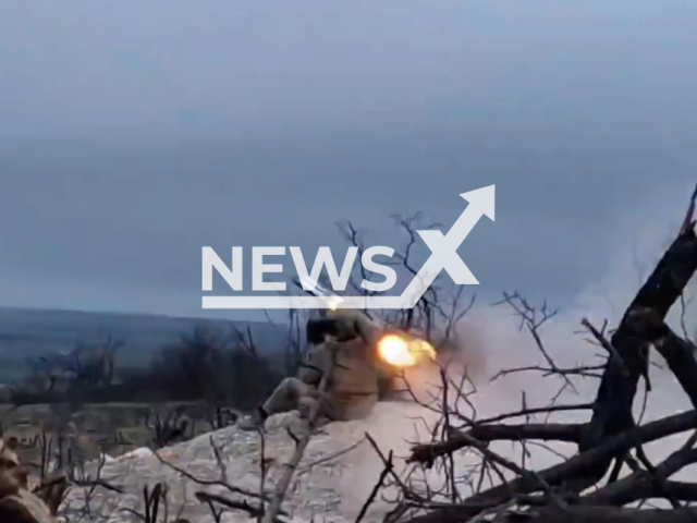 Ukrainian paratrooper fire with Javelin man-portable anti-tank missile system at the Russian tank in Ukraine in undated footage. The footage was released by the 79th separate amphibious assault brigade of Mykolaiv on Sunday, Apr. 02, 2023. Note: Picture is a screenshot from a video (@81oaembr/Newsflash)