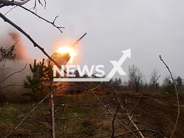 The newest TOS-1A Solntsepek fire with 220-mm thermobaric unguided projectiles at Ukrainian military positions on the battlefield in Ukraine in undated footage. The footage was released by the Ministry of Defense of Russia on Monday, Apr. 03, 2023.  Note: Picture is screenshot from a video. (Ministry of Defense of Russia/Newsflash)