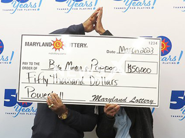 Image shows the lucky winners identified as 'Big Mama and Pop Pop' from the area of Fort Washington, in Prince George's County, Maryland State, USA, undated photo. They won USD 50,000 (GBP 40,667) on the lottery in March 2023. Note: Licensed content. (Maryland Lottery/Newsflash)