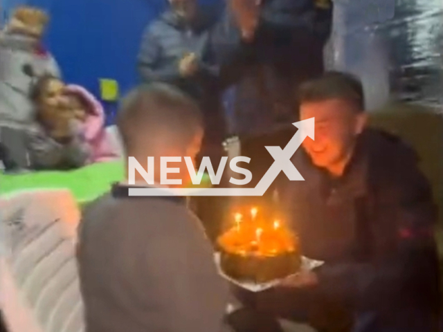 The footage shows soldiers singing and celebrating a children's birthday party in a temporary home constructed in tents in Turkey, undated. Note: Picture is a screenshot from the video. @sahilguvkom/Newsflash)