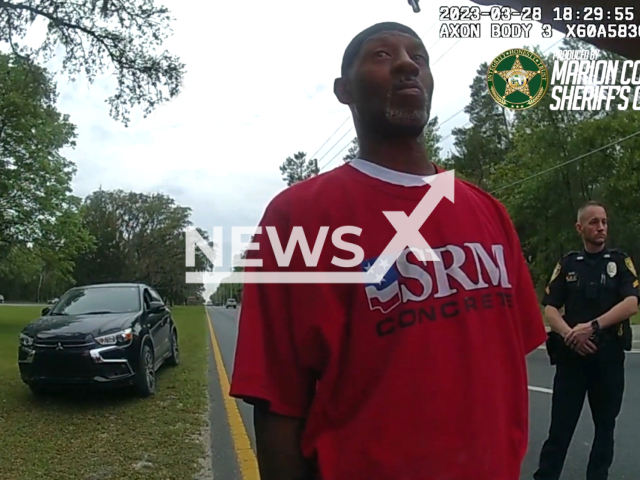 Police officers arrest the suspect, Michael Parker,  for driving under the influence in Ocala, Florida on March 18, 2023. Parker was arrested for DUI and taken to Marion County Jail, where his blood alcohol level was measured at more than twice the legal limit. Note: Picture is a screenshot from the video. (Marion County Sheriff's Office, FL/Newsflash)