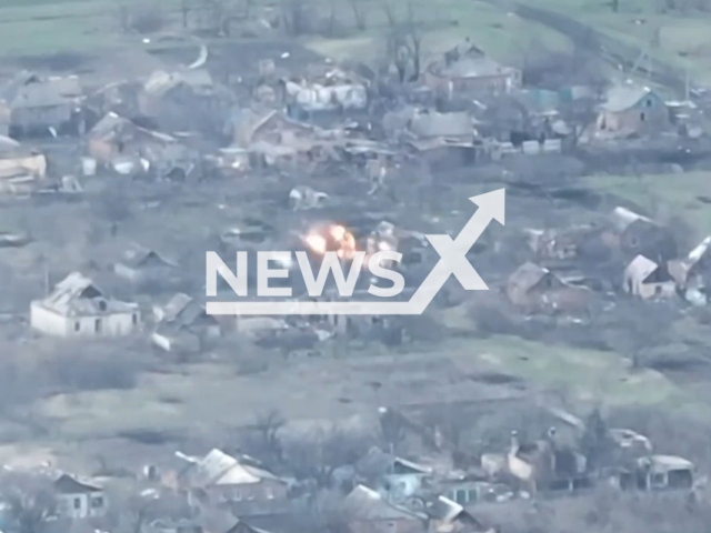 Ukrainian fighters destroy a Russian D30 howitzer near Soledar in Donetsk region in Ukraine in undated footage. The footage was released by the 30th separate mechanized brigade on Tuesday, Apr. 04, 2023. Note: Picture is a screenshot from a video (@30brigade/Newsflash)