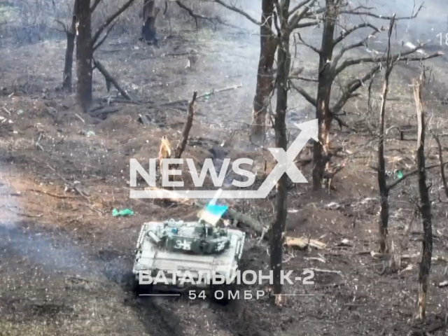 Ukrainian tank obliterates Russian tranches after near miss in Ukraine in undated footage. The footage was released by the K2 group of the 54th OMBr on Monday, Apr. 03, 2023. Note: Picture is a screenshot from a video (@K2.54OMBr/Newsflash)