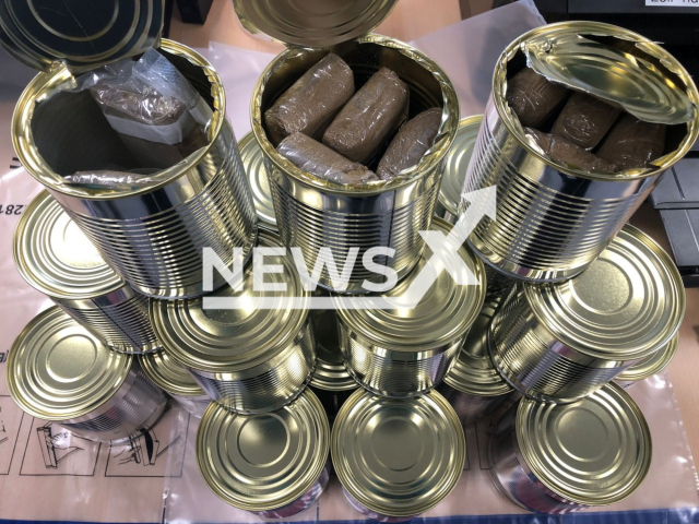 Image shows tin cans with hashish concealed inside, undated photo. The drugs with an estimated value of EUR 75,440 (GBP 66,204) were seized in the city of Dortmund, North Rhine- Westphalia State, Germany. Note: Licensed content. (Dortmund Main Customs Office/Newsflash)