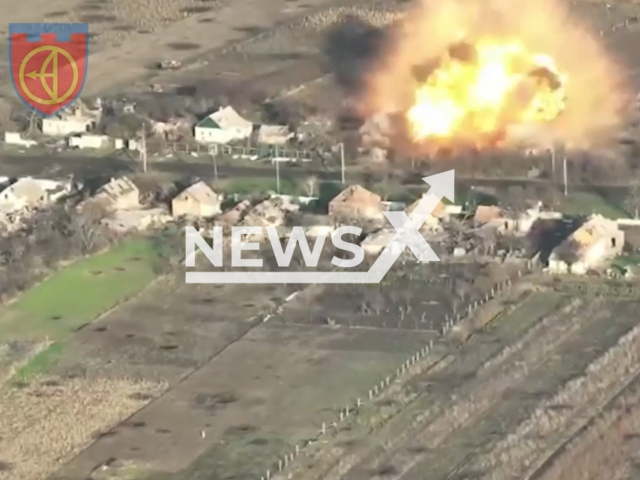 Russian self-propelled gun "Nona" is blown up in huge explosion after being hit by the Ukrainian fighters near Bakhmut in Ukraine in undated footage. The footage was released by the Combined Tactical Group "Adam" on Wednesday, Apr. 05, 2023. Note: Picture is screenshot from a video. (@Adamtactic/Newsflash)