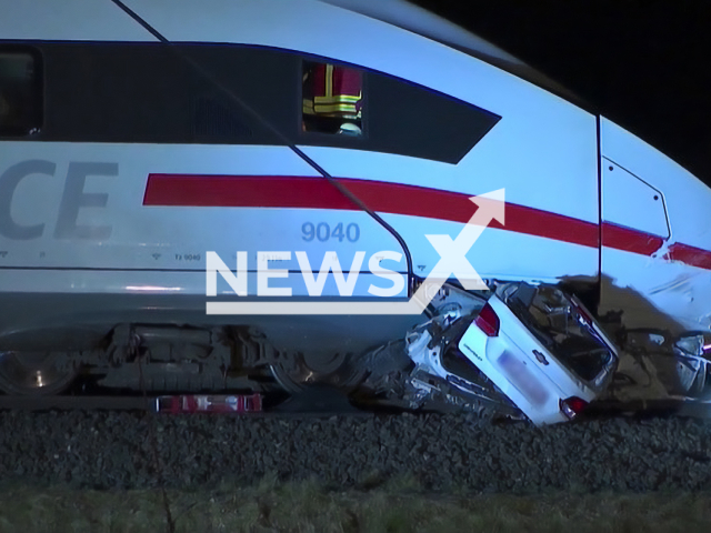 The ICE train that crashed a 46-year-old woman's car after her navigation system led her in the middle of the rails in the municipality of Vechelde located in the German state of Lower Saxony. Note: This photo is a screenshot from a video. (Newsflash)