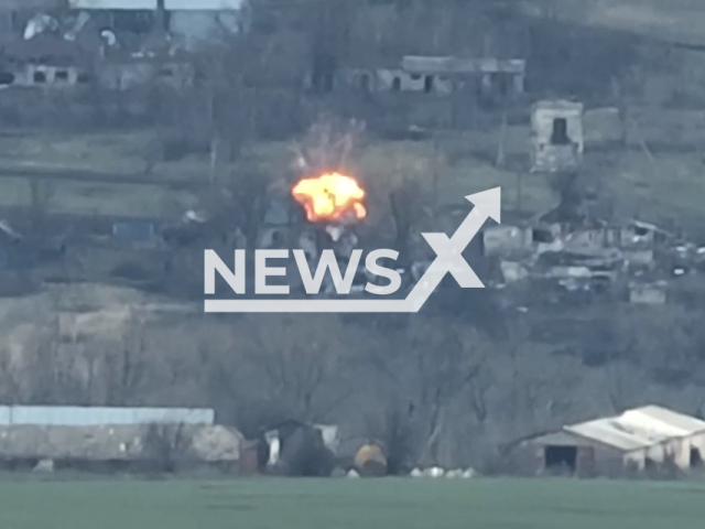 Ukrainian Border Guard destroy Russian warehouse of ammunition and military equipment near Kupyansk in the Kharkiv region in Ukraine in undated footage. The footage was released by the State Border Service of Ukraine on Friday, Apr. 07, 2023. Note: Picture is screenshot from a video. (@BorderGuardService/Newsflash)