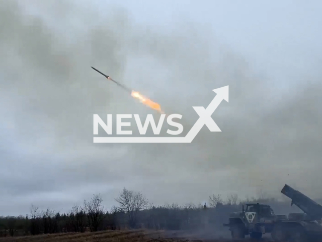 Russian Grad launches a volley of 122-mm rockets at the Ukrainian military positions in Ukraine in undated footage. The footage was released by the Russian MoD on Friday, Apr. 07, 2023. Note: Picture is a screenshot from a video (@mod_russia/Newsflash)